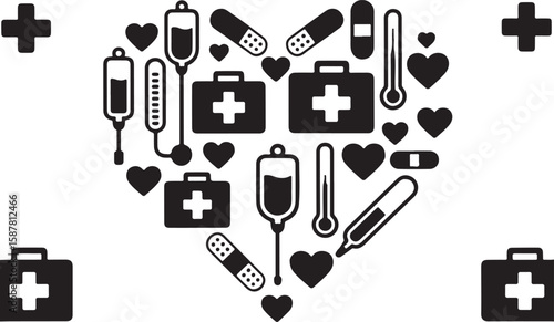 Medical Icons Forming Heart Shape with Crosses and First Aid Kits – Black and White Health Care Silhouette Illustration