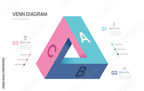 Venn diagram business infographic circle triangle chart template 3 options, presentation with venn diagram elements vector illustration.
