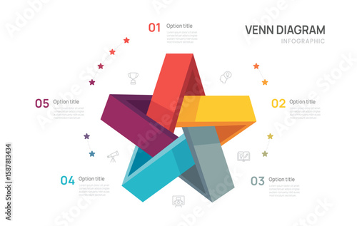 Venn diagram business infographic star circle chart template 5 steps options, presentation with venn diagram elements vector illustration.