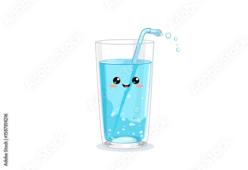 Cartoon glass of water with smiley face and straw on white background  