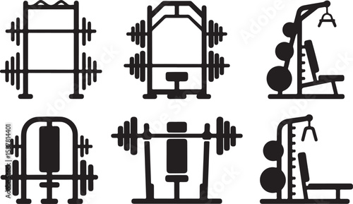 Black-and-White Icons of Elaborate Weightlifting Racks Loaded with Barbell Plates Featuring Power Rack and Bench or Pulling Mechanism