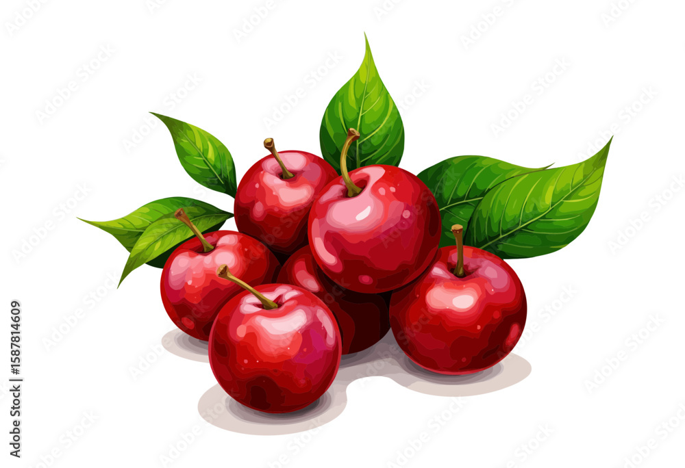Obraz premium Red apples with green leaves arranged on a white background 