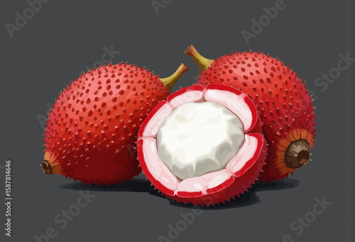 Red custard apple fruit with cut section revealing white pulp  
