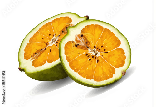 Sliced green fruit with orange flesh and seeds on white background  