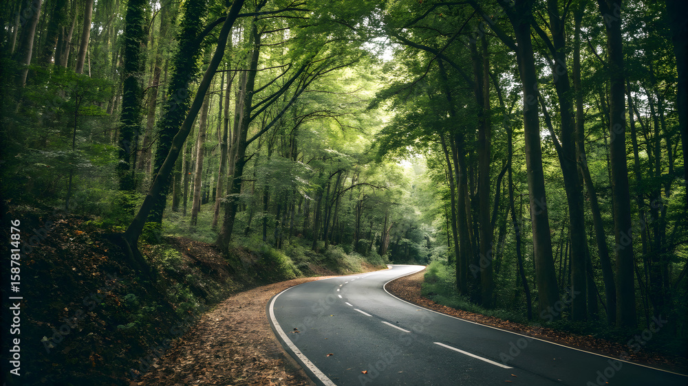 Fototapeta premium A serene road winding through a lush forest, surrounded by tall trees and vibrant green leaves
