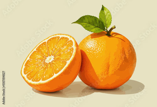 Whole orange and halved orange with green leaf on light background  
