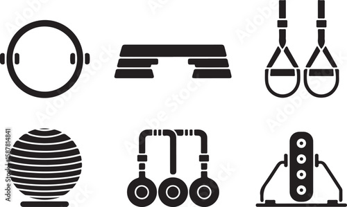 Gym Fitness Equipment Icon Set – Hula Hoop, Step Platform, Hand Grip, Exercise Ball, Suspension Trainer, Weight Plate – Black and White Silhouettes