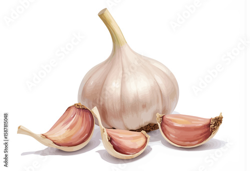 Garlic bulb with cloves on white background  