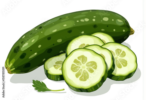 Fresh cucumber with sliced pieces and green leaf on white background  