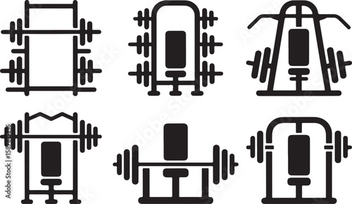 Black-and-White Icons of Elaborate Weightlifting Racks Loaded with Barbell Plates Featuring Power Rack and Bench or Pulling Mechanism