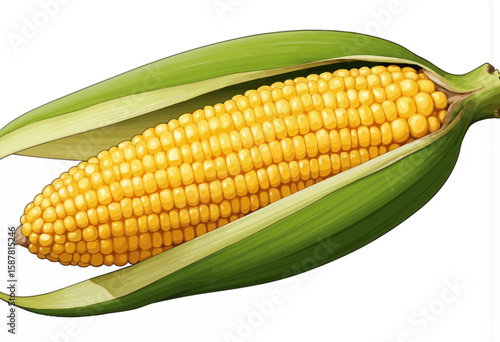 Fresh corn on the cob with green husks on white background  