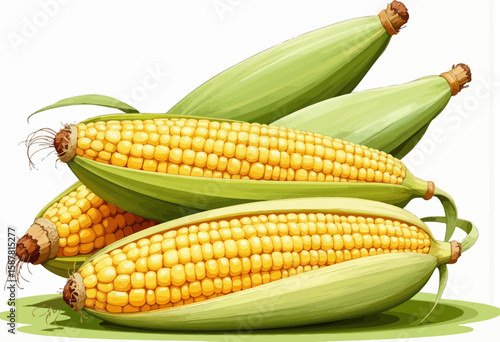 Fresh sweet corn cobs stacked with green husks on white background  