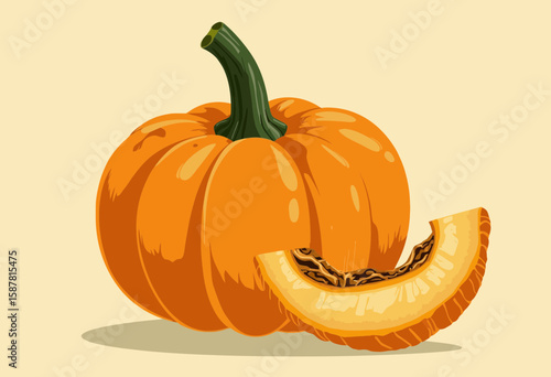 Orange pumpkin with a sliced piece on a light background  
