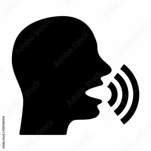 Silhouette of a head with sound waves emanating from the mouth representing communication or speech