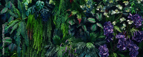 Full Frame of Green Leaves Pattern Background, Nature Lush Foliage Leaf Texture, tropical leaf