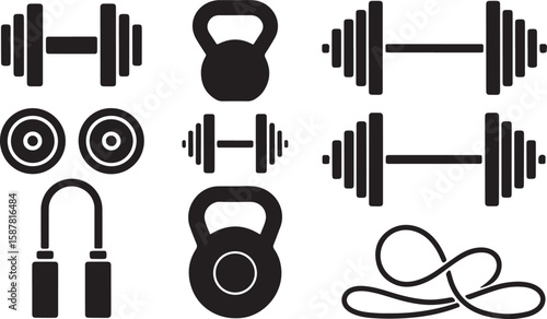 Set of Eight Black-and-White Weightlifting Equipment Icons Featuring Barbells with Various Weights and Kettlebells
