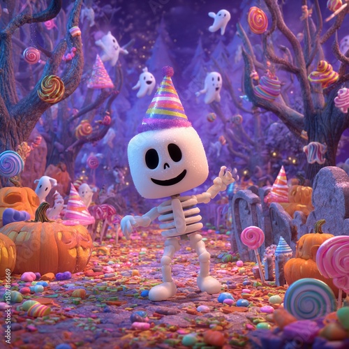 Halloween concept. A cartoon skeleton wearing a party hat dancing in a candy-filled graveyard