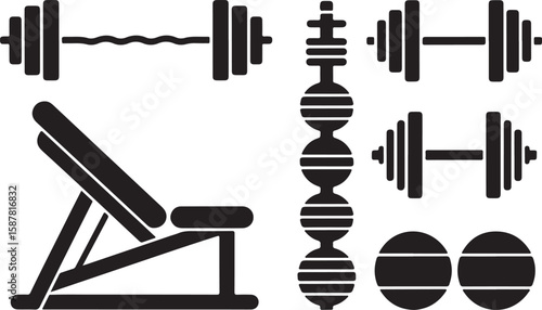 Set of Eight Black-and-White Weightlifting Equipment Icons Featuring Barbells with Various Weights and Kettlebells