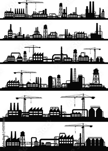 Collection of black silhouette industrial factory landscapes with cranes and water towers