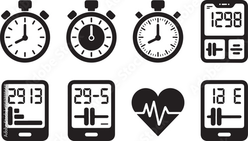 Set of Eight Black-and-White Fitness Tracking and Timekeeping Icons Featuring Stopwatches, Digital Fitness Trackers, and Heart Pulse Line