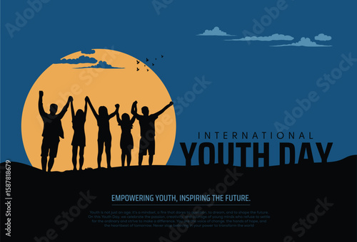 International Youth Day. Group of people standing on sunset background. Creative concept for Youth Day Poster, Banner Design. vector illustration.