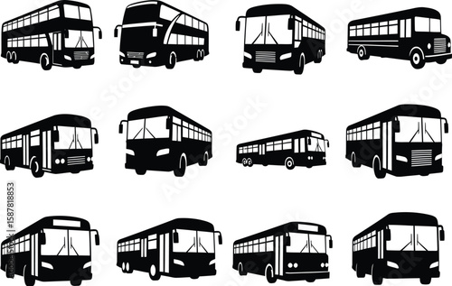 Collection of black silhouette bus icons and vector illustrations on white background