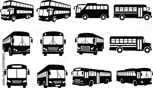 Collection of diverse bus silhouettes for transportation and travel design