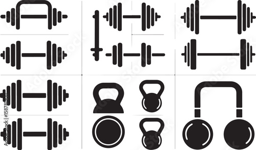 Set of Eight Black-and-White Weightlifting Equipment Icons Featuring Barbells with Various Weights and Kettlebells
