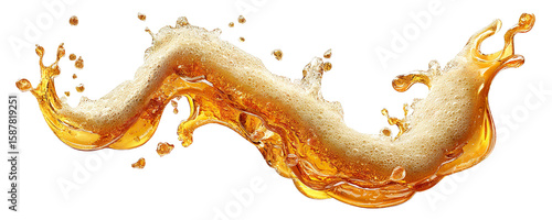 Splashing beer wave with foam and drops, isolated on transparent cutout background