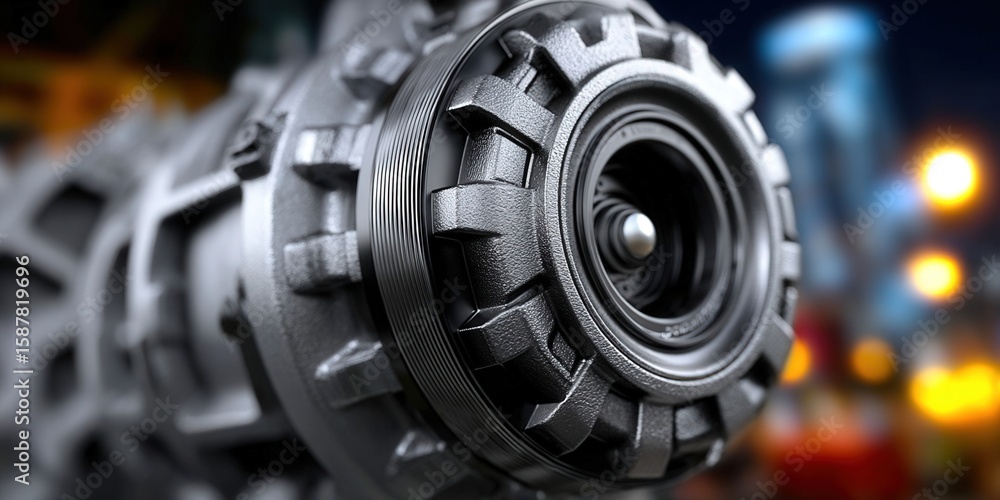 Fototapeta premium A detailed close-up of an industrial gear mechanism with a shallow depth of field.