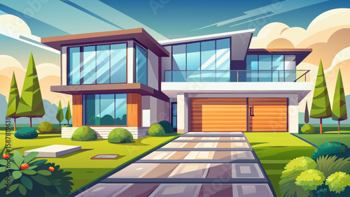 Modern house facade with large windows, landscaped front yard, and concrete driveway. Clean exterior design