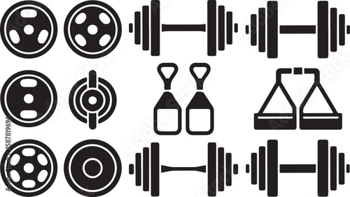 Set of Eight Black-and-White Weightlifting Equipment Icons Featuring Barbells with Various Weights and Kettlebells