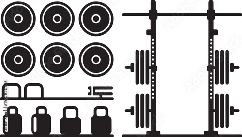 Set of Eight Black-and-White Weightlifting Equipment Icons Featuring Barbells with Various Weights and Kettlebells