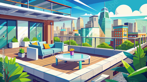 Urban rooftop terrace with seating area, glass railing, and city skyline view