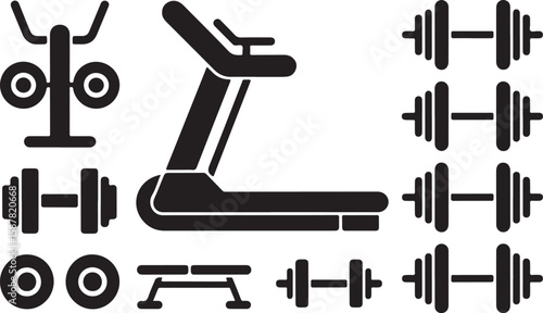 Gym Equipment Silhouette Icons – Weight Rack, Treadmill, Barbells, Bench and Plates in Black and White Vector