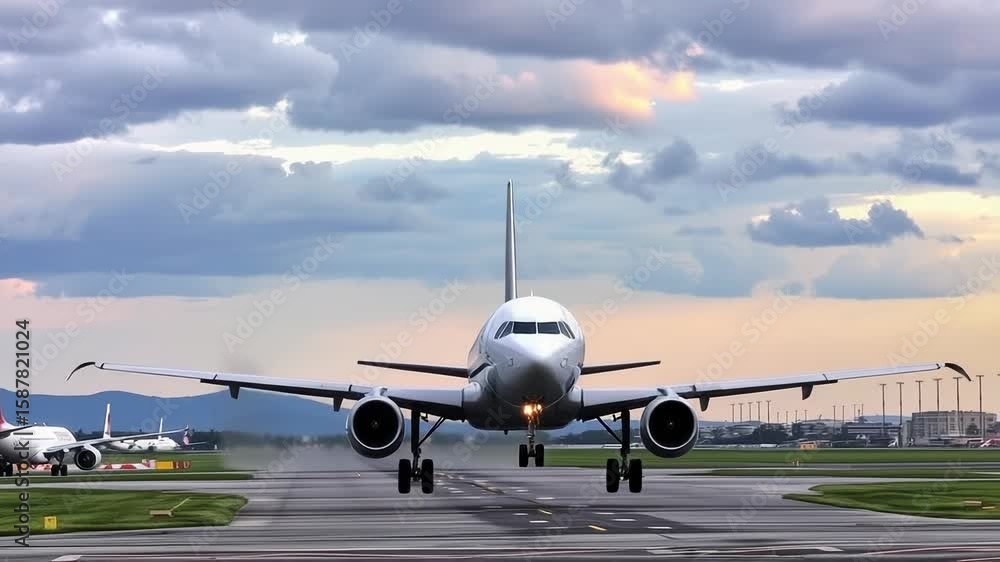 An airplane makes a dramatic landing on a wet runway under a dramatic cloudy sky at dusk An airplane makes a dramatic landing on a wet runway under a dramatic cloudy sky at dusk