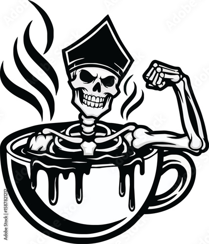 A skeleton wearing a hat soaks in a cup of coffee, flexing its arm.