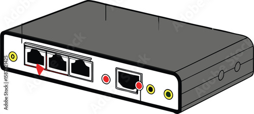 Network router graphic portrays connectivity with connection ports and indicator lights.