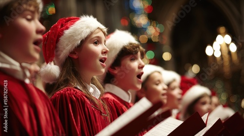 Children in Santa hats singing in a choir with Christmas decorations and soft lighting in the background, creating a festive holiday atmosphere.
