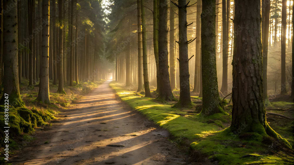 Fototapeta premium A serene dirt road in a forest, illuminated by sunlight streaming through the branches of tall trees