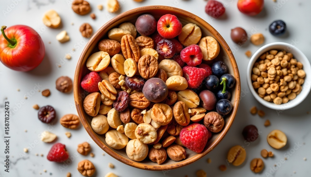 a wooden bowl filled with various nuts, seeds, and dried fruits is displayed on a table next to a bowl of fresh berries and an apple, both set against a marble a wooden bowl filled with various nuts, seeds, and dried fruits is displayed on a table next to a bowl of fresh berries and an apple, both set against a marble