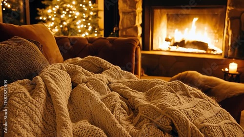 Cozy Living Room Scene with Fireplace and Christmas Tree Warm Lighting