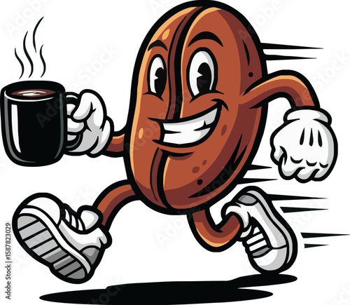 A cheerful coffee bean character sprints, carrying a steaming mug of coffee.
