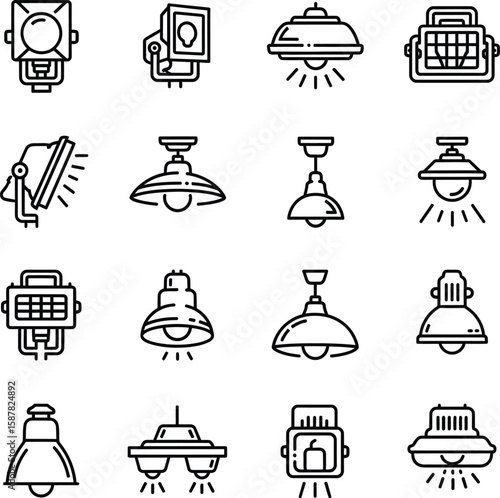 Diverse Lighting Fixtures Outline Icons Set - Spotlights & Lamps

