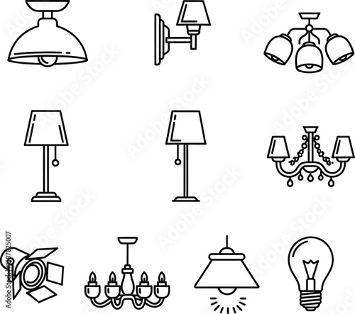 Lighting Fixtures Outline Icons Set - Lamps, Chandeliers & Bulbs