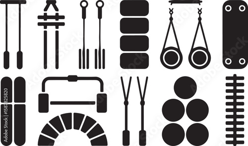 Collection of 18 Black-and-White Fitness Icons Featuring Dumbbells, Resistance Bands, Jump Ropes, Hand Grips, and Gym Accessories in Minimalist Silhouette Style