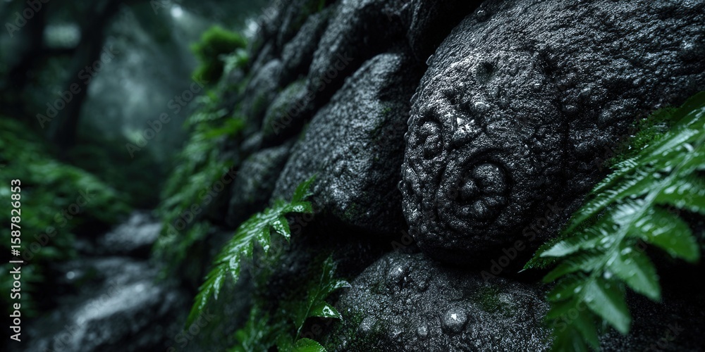 Obraz premium A detailed view of an ancient stone wall covered in moss and lush green ferns.