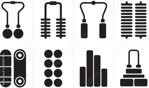Set of Ten Black-and-White Fitness Equipment Icons Featuring Resistance Band Handles, Gymnastic Rings, Straps, and Suspension Trainers