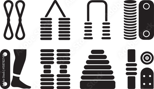 Set of Ten Black-and-White Fitness Equipment Icons Featuring Resistance Band Handles, Gymnastic Rings, Straps, and Suspension Trainers