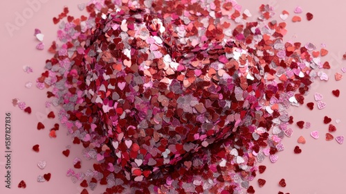 A heart-shaped object covered in red, pink, and silver heart confetti on a pink background, symbolizing love and romance.